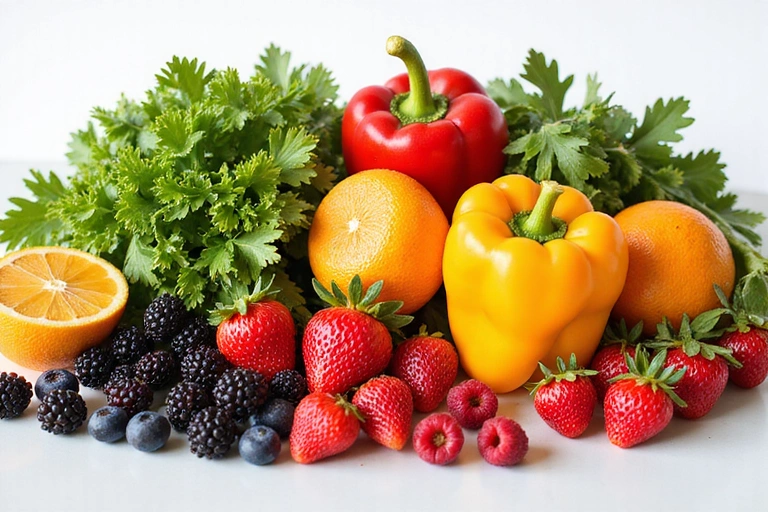 Frutas y verduras frescas dispuestas artísticamente, simbolizando una alimentación saludable y equilibrada.