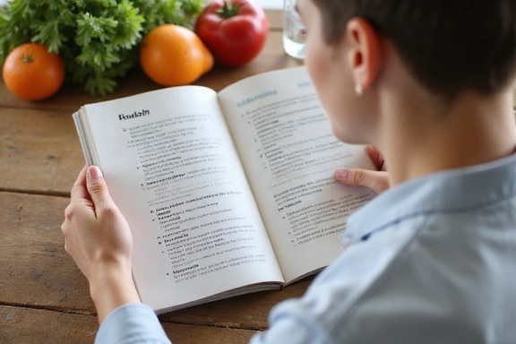 Una persona leyendo un libro de nutrición con alimentos saludables en el fondo, simbolizando el aprendizaje sobre alimentación.